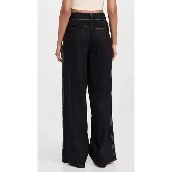 Jonathan Simkhai Tavar Linen Pants Black‎ Contrast Stitch High Rise Wide Leg XL